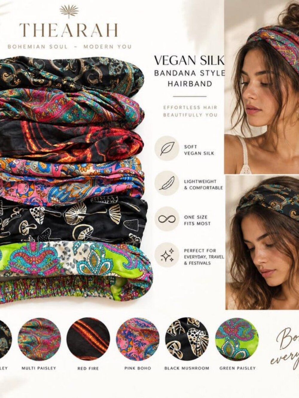 Thearah Vegan Silk Bandana Headbands, Assorted Prints, 6 Piece Set